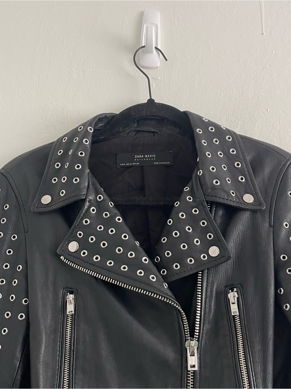 Zara Studded Leather Jacket Black Moto Jacket Belted Women's Size Medium Punk - Picture 5 of 10